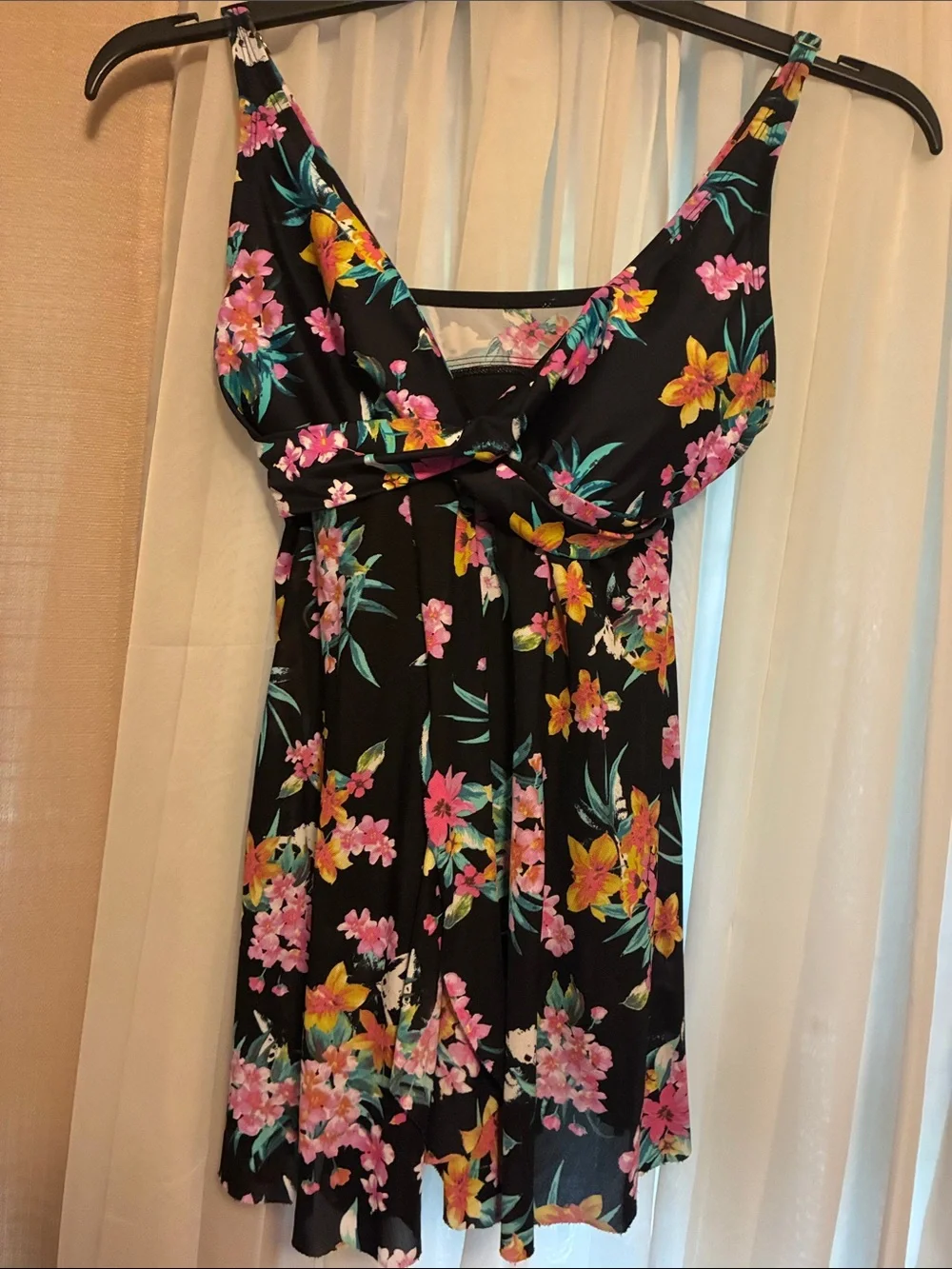 Black Floral V-Neck Swim Suit with Pink & Yellow Blooms
